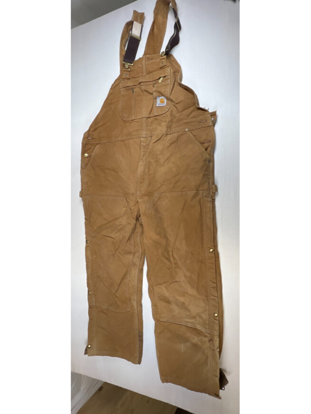 Carhartt Men 46x30 R41 Brown Duck Quilted Insulated Bib Overalls Cordura Cuff